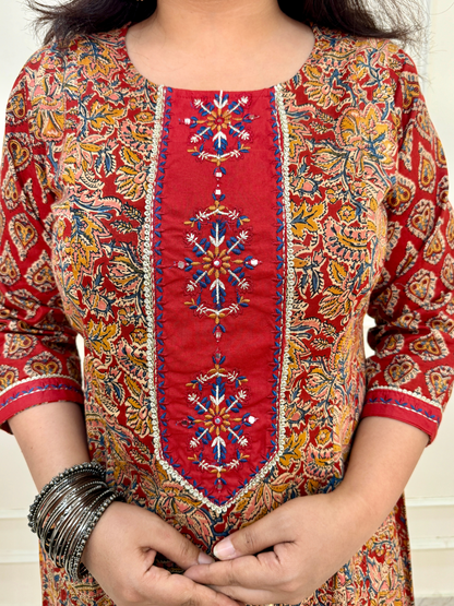 Kalamkari Anarkali Suit set-Red Colour