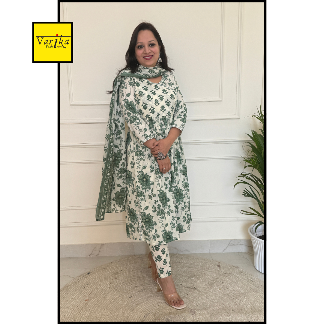 Bagicha Naaira Cut Suit set-Cream Green Colour
