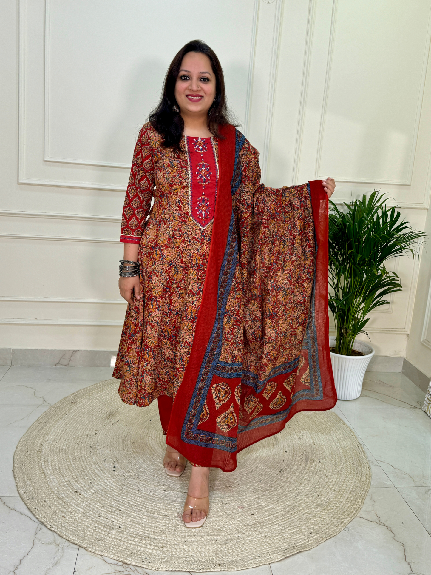 Kalamkari Anarkali Suit set-Red Colour