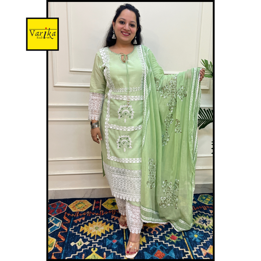 Mul Cotton Hand Embroidered 3 Piece Suit with Mul Dupatta Green Colour