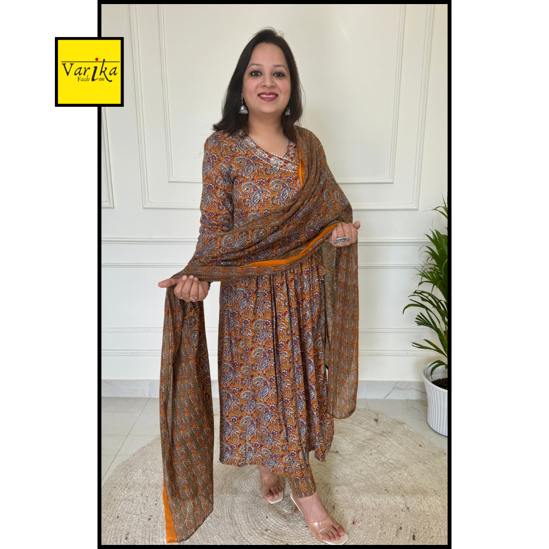 Bagicha Kalamkari Print Anarkali Suit set-Mustard Colour