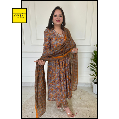 Bagicha Kalamkari Print Anarkali Suit set-Mustard Colour