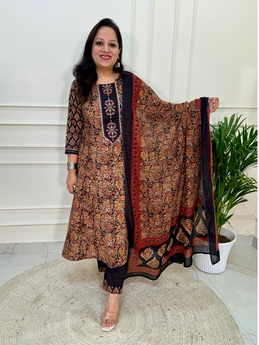 Kalamkari Anarkali Suit set-Black Colour