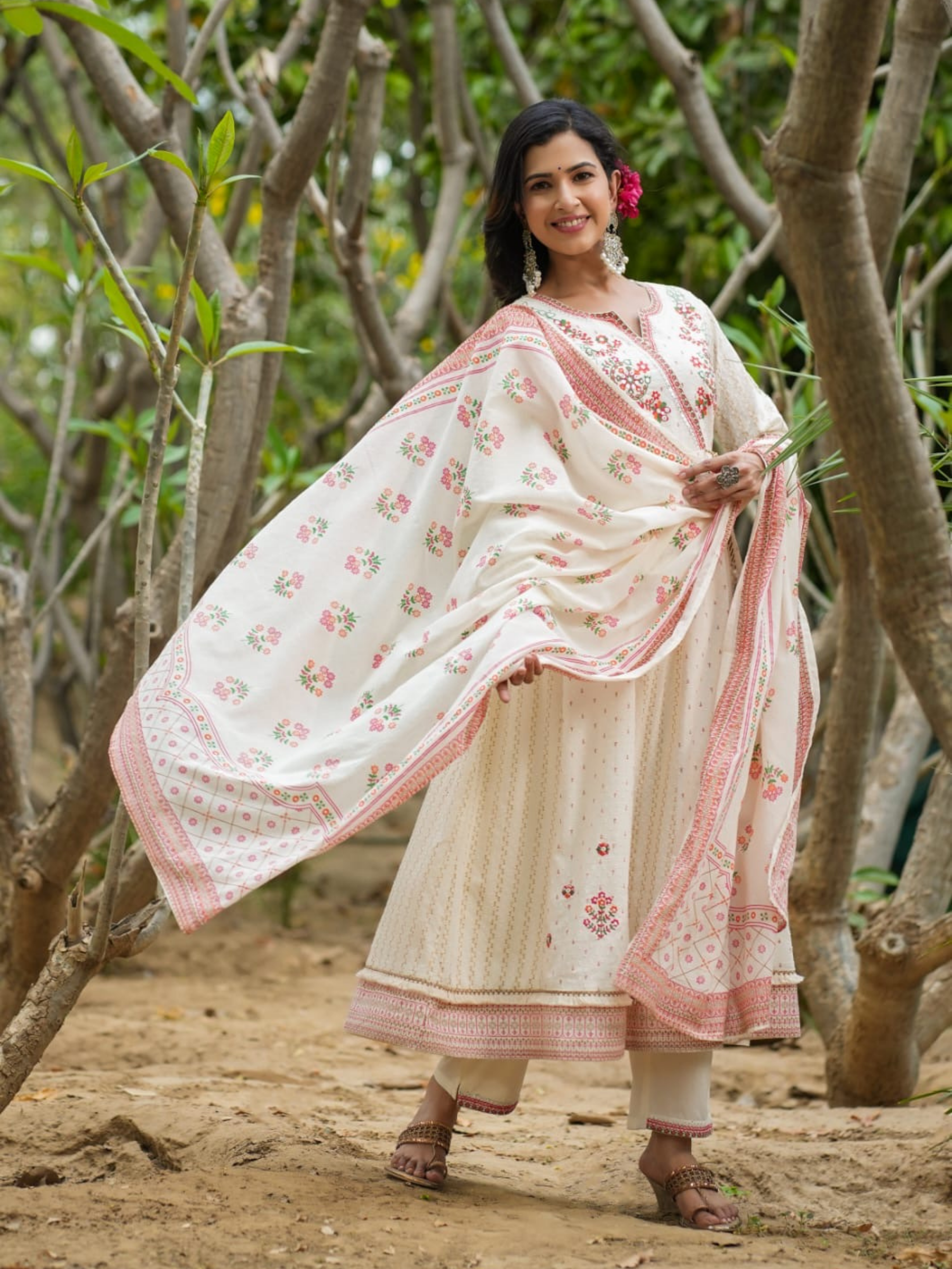 Rubaru White Pink Anarkali Suit Set-White Colour