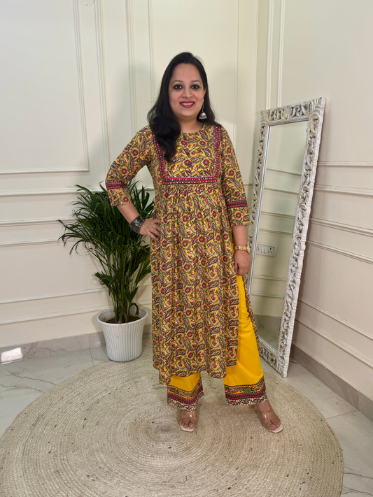 The Kalamkari Kurta Set-Yellow Colour