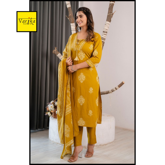 Saaina Pleated V Neck Khadi Print Suit Set-Mustard Colour