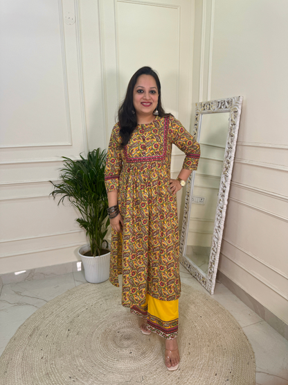 The Kalamkari Kurta Set-Yellow Colour
