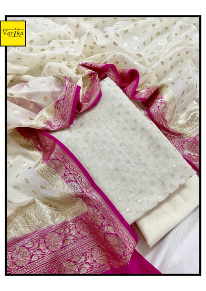 White Colour Pure Chanderi Banarasi Suit