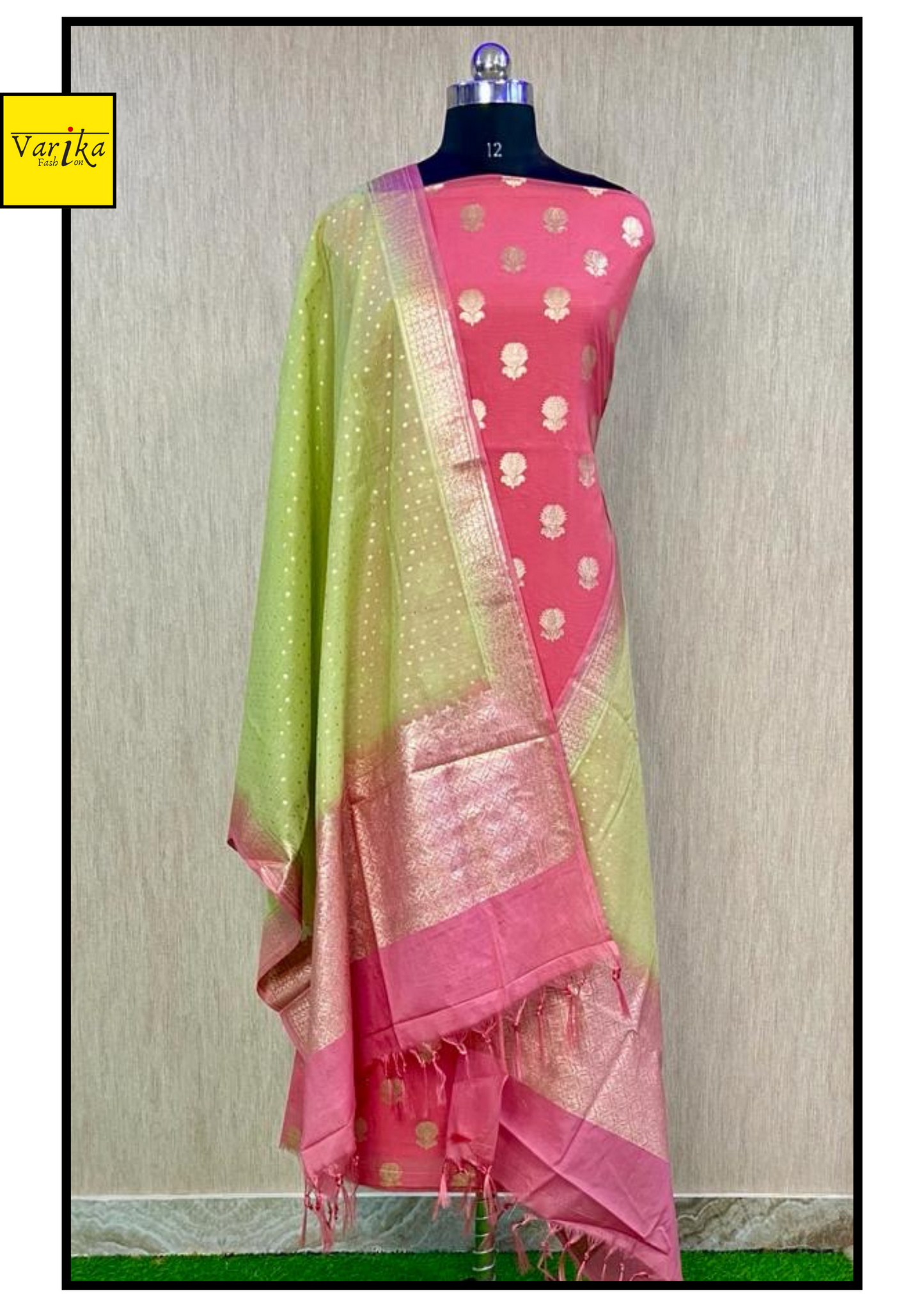 Pure Banarasi Chanderi Silk Unstitched Suit with Ombre Dupatta