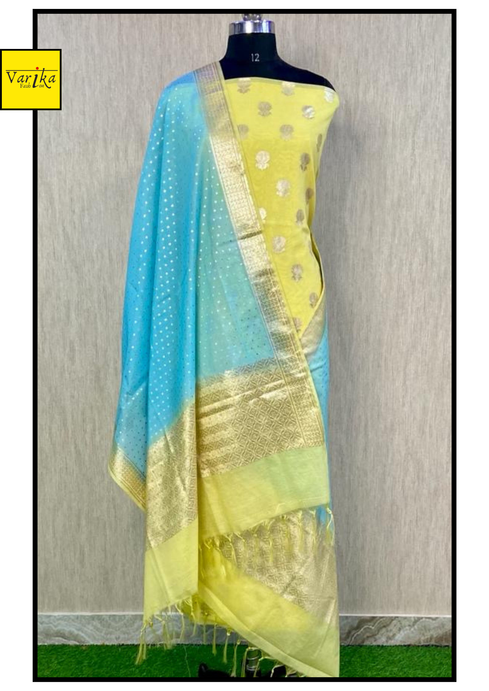 Pure Banarasi Chanderi Silk Unstitched Suit with Ombre Dupatta