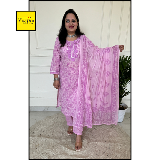 Subtle Self Thread Embroidered Block Print Suit Set-Pink Colour