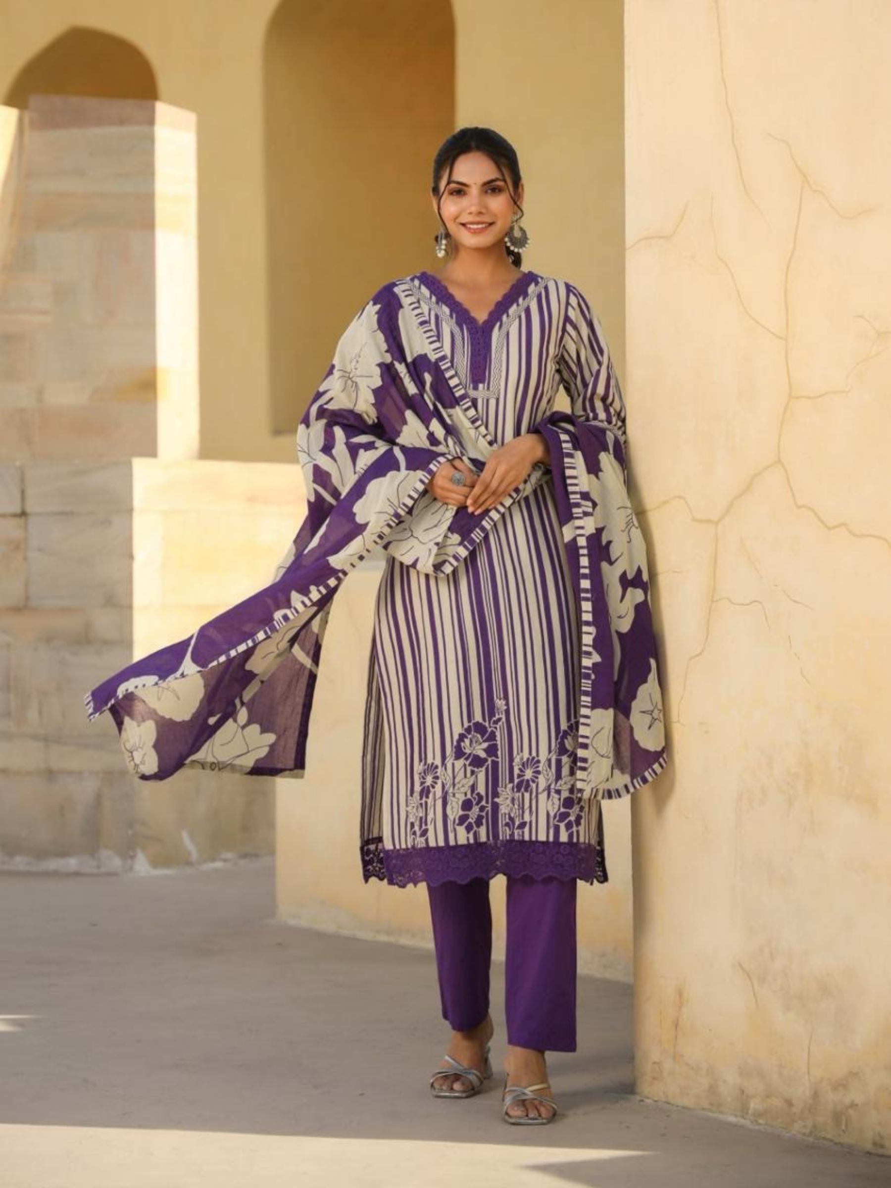Pure Cotton Contemporary Stripes and Floral Print 3 pc Suit Set-Purple