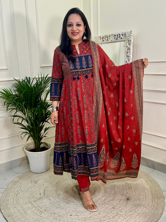 Ajrakh Anarkali Suit set-Red Colour