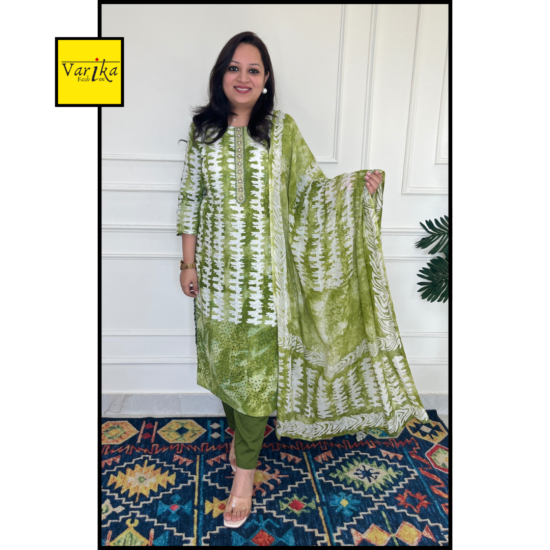 Pure Dobby Cotton with Baatik Print 3 pc Suit- Green colour