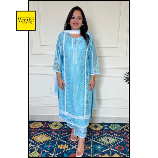 Cotton Silk Lace Work 3 Piece Suit with Chiffon Dupatta Blue Colour