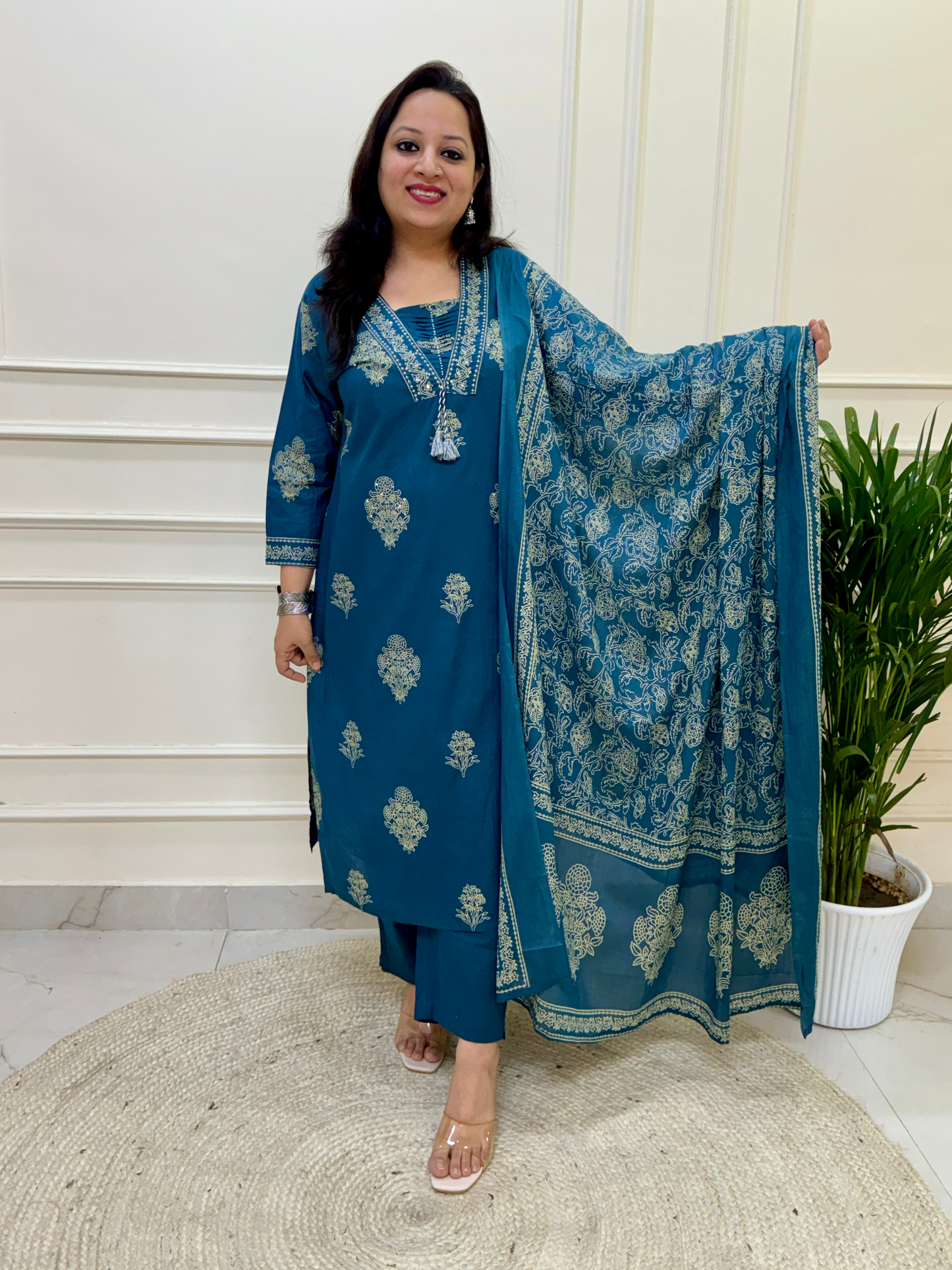 Saaina Pleated V Neck Khadi Print Suit Set-Teal Colour
