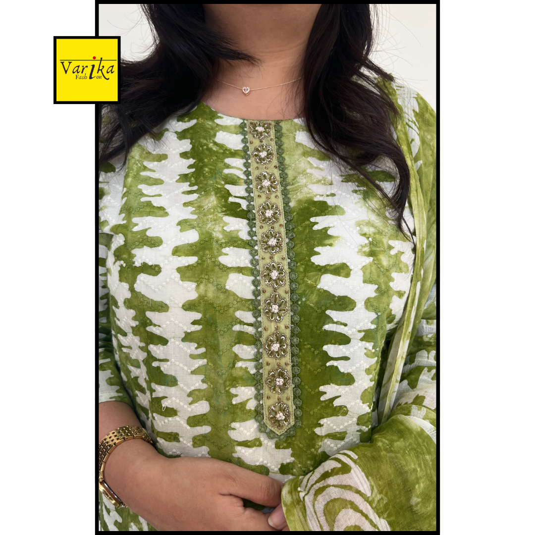 Pure Dobby Cotton with Baatik Print 3 pc Suit- Green colour