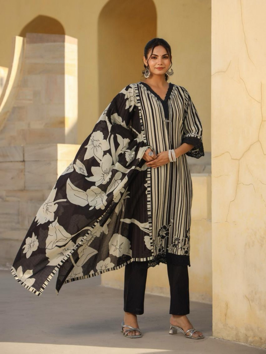 Pure Cotton Contemporary Stripes and Floral Print 3 pc Suit Set-Black