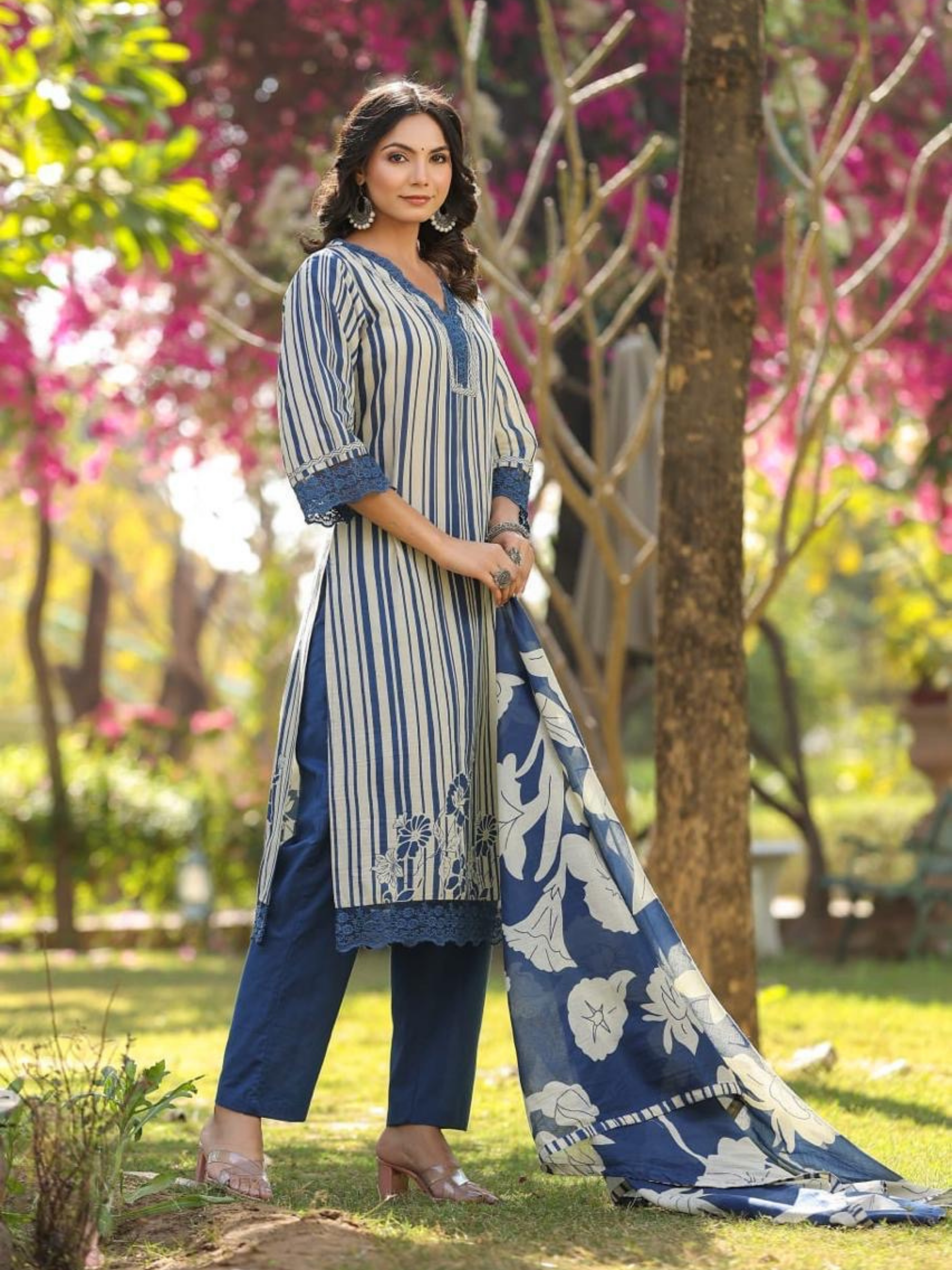 Pure Cotton Contemporary Stripes and Floral Print 3 pc Suit Set=Blue