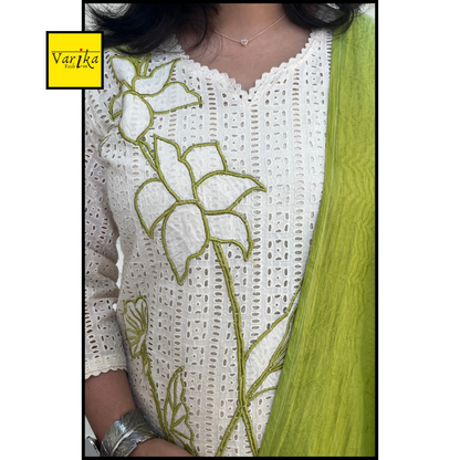 Samaya Pure Cotton Hakoba Applique Work Suit Set - Green Colour