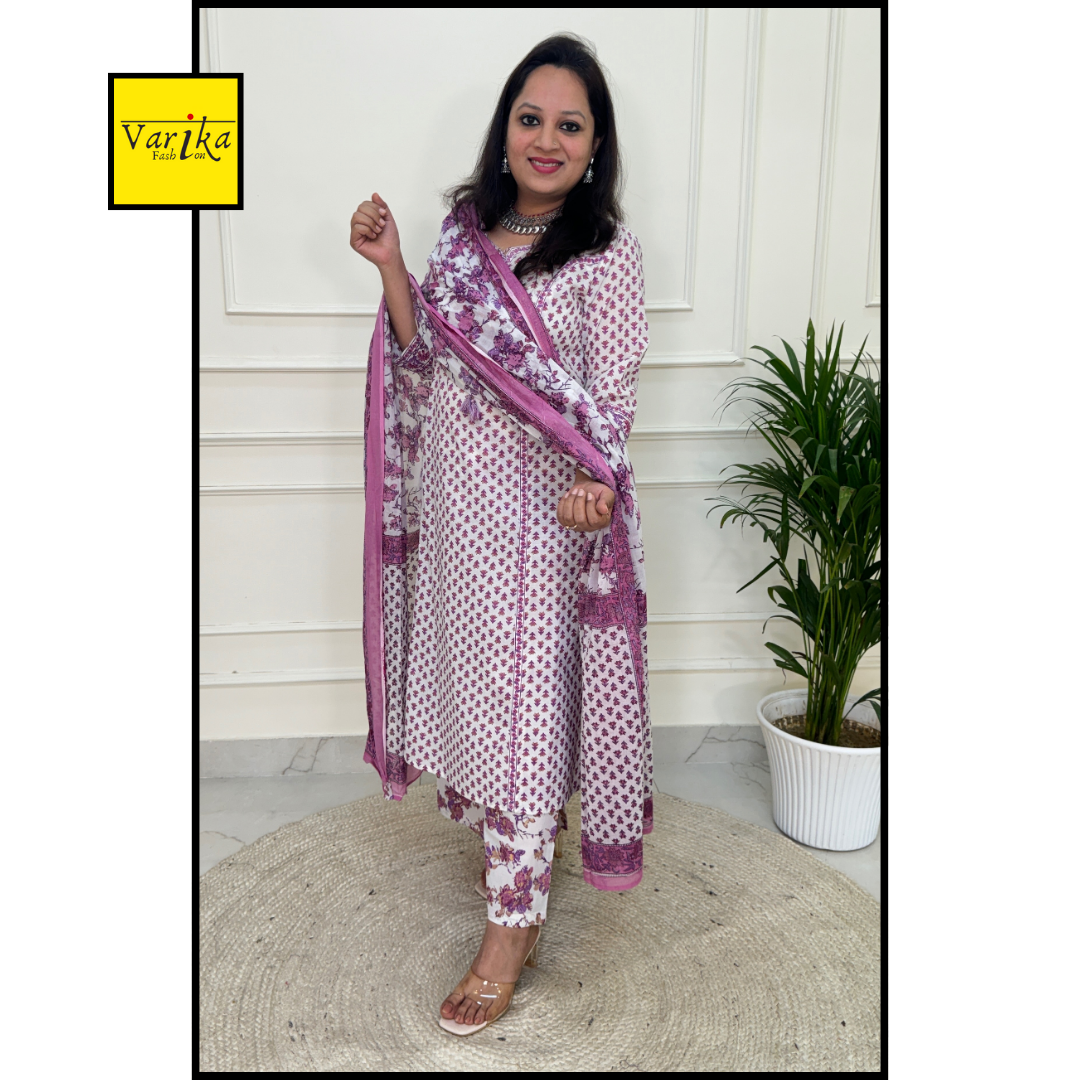 Block Print Kurta with Palazzo-White/Lavender Colour