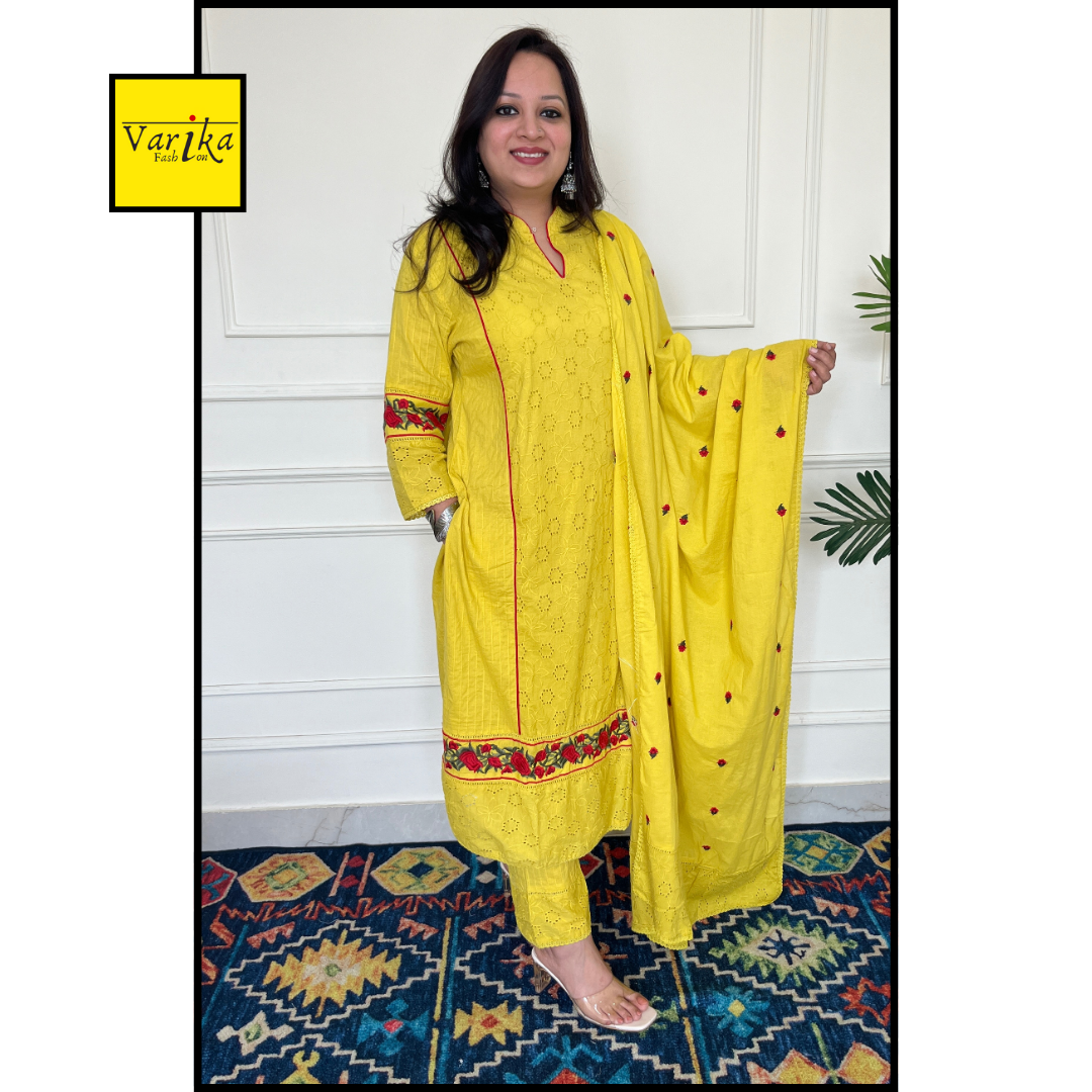 Pure Cotton Pleated Fabric 3 pc Suit Set with Floral Thread Embroidery on the Kurta and Dupatta- Yellow