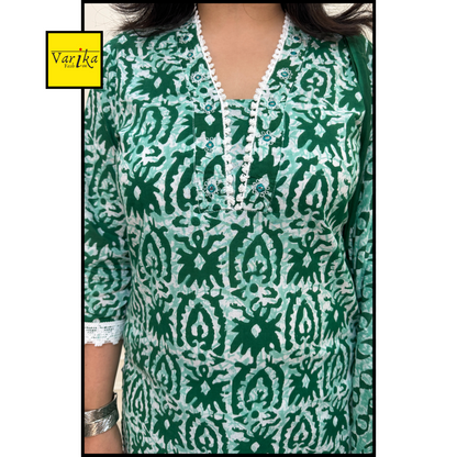 Baatik Print Crochia Lace Straight Fit Suit set-Cream and Dark Green Colour
