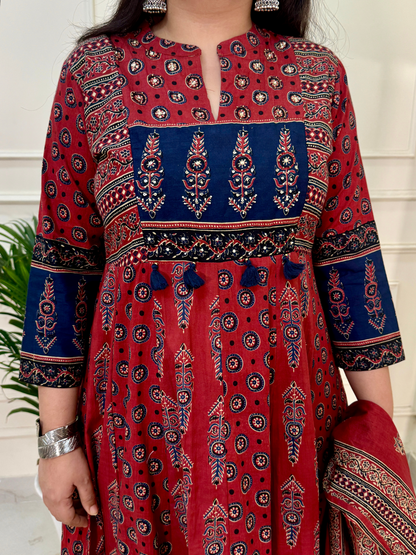 Ajrakh Anarkali Suit set-Red Colour