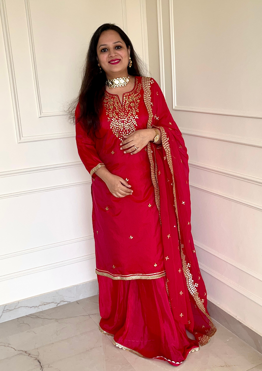 Beautiful Hand Embroidered Gota Work Sharara Suit in Red Colour