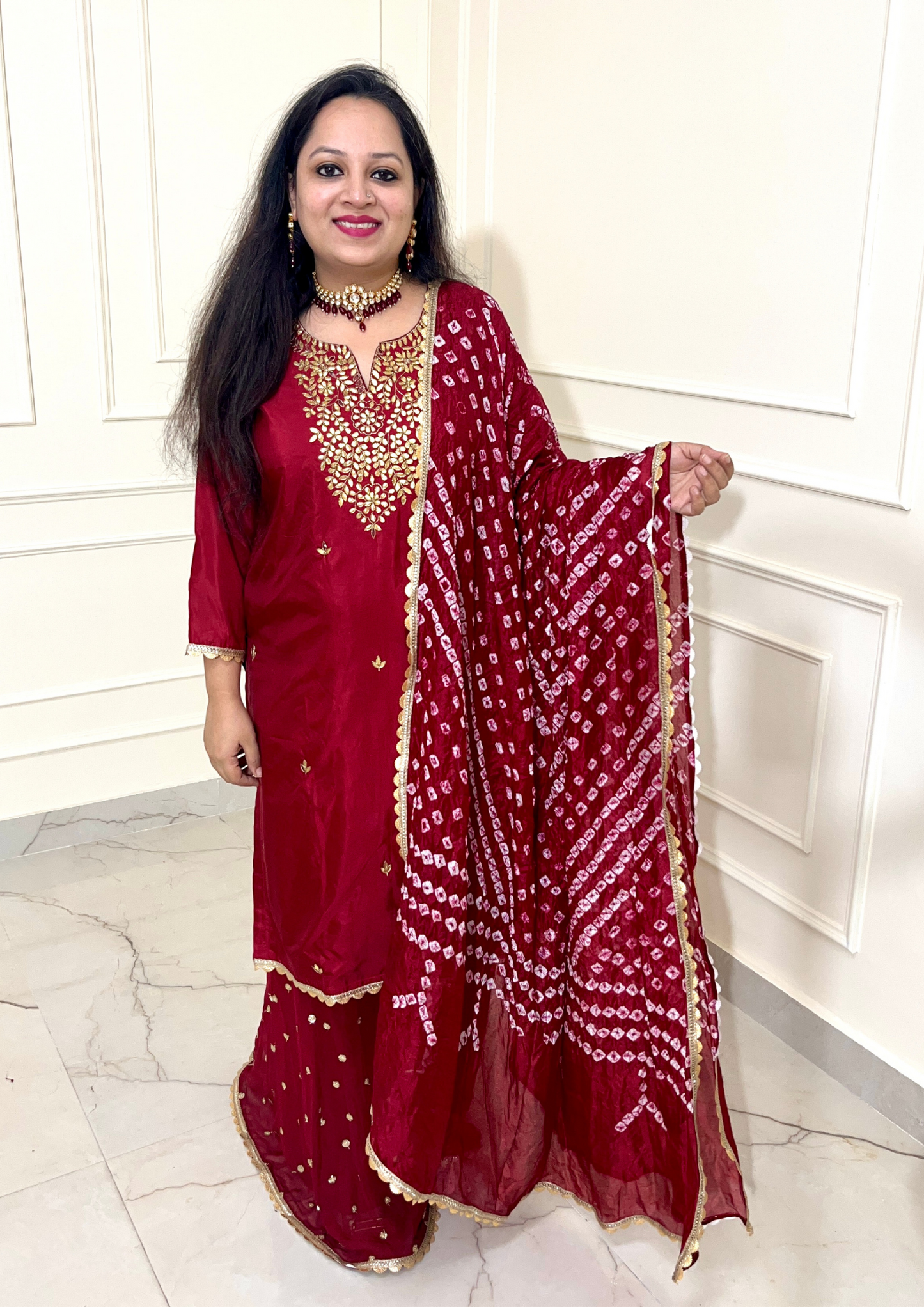 Beautiful Hand Embroidered Gota Work Sharara Suit in Maroon Colour