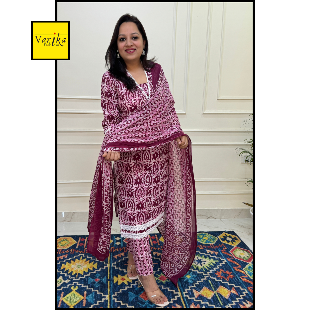 Baatik Print Crochia Lace Straight Fit Suit set-Cream and Dark Pink Colour