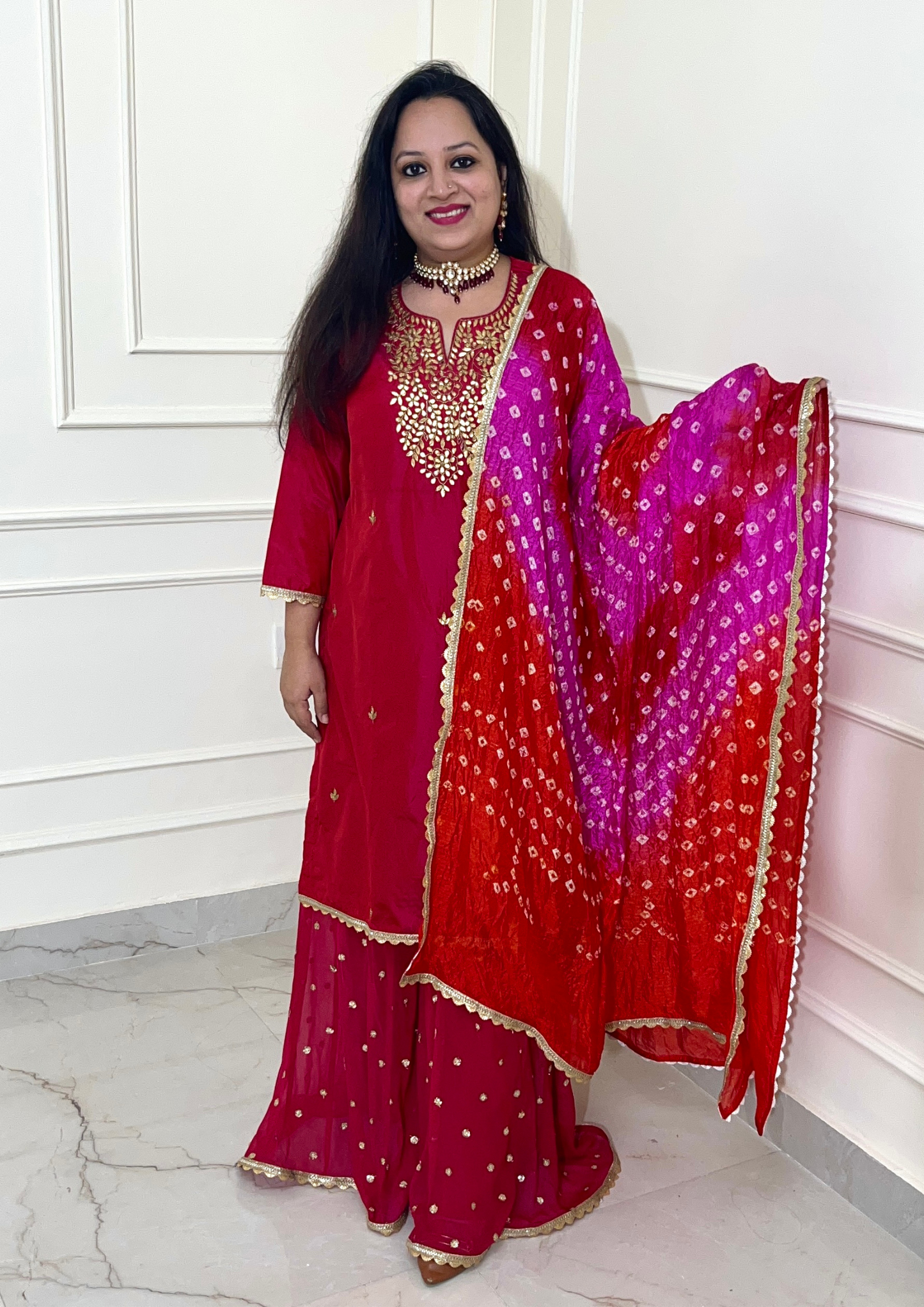 Beautiful Hand Embroidered Gota Work Sharara Suit in Pink Colour