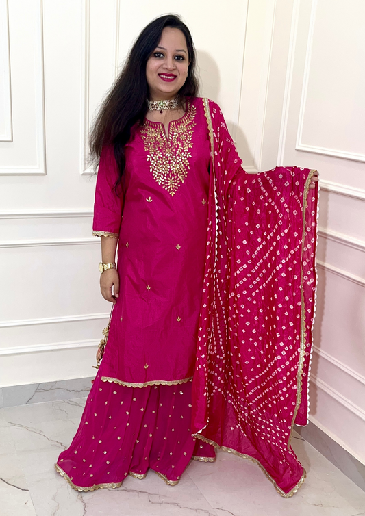 Beautiful Hand Embroidered Gota Work Sharara Suit in Hot Pink Colour