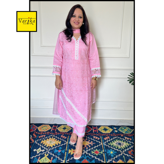 Cotton Silk Lace Work 3 Piece Suit with Chiffon Dupatta Pink Colour