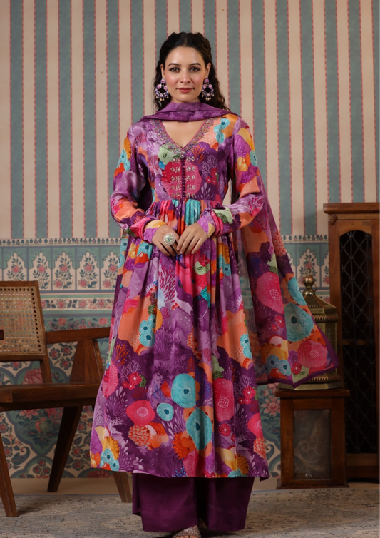 Lavender Floral Front Slit Suit Set in Viscose Organza Fabric