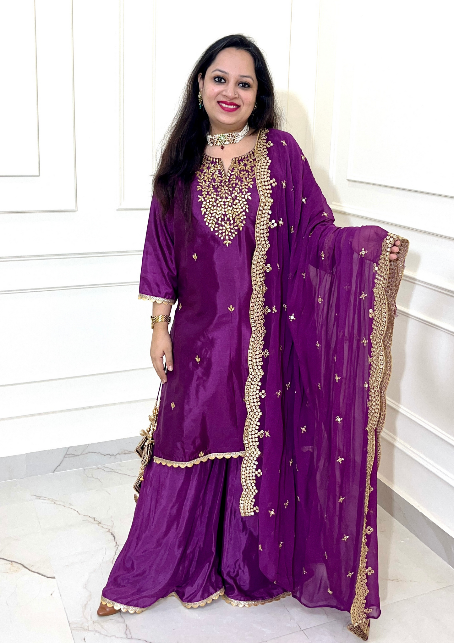 Beautiful Hand Embroidered Gota Work Sharara Suit in Purple Colour