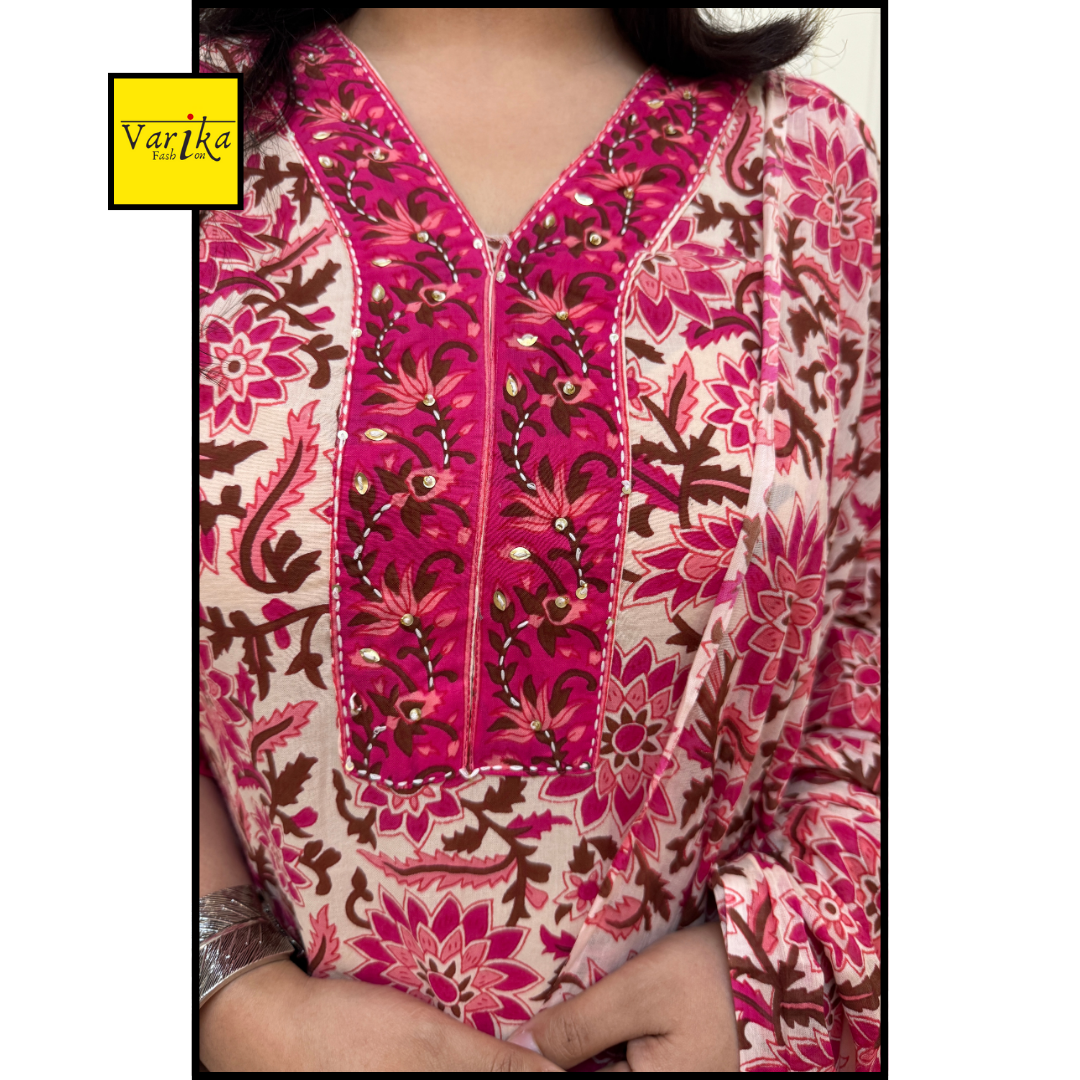 Bagicha Pink Floral Block Print Straight Fit Suit set-Cream and Pink Colour