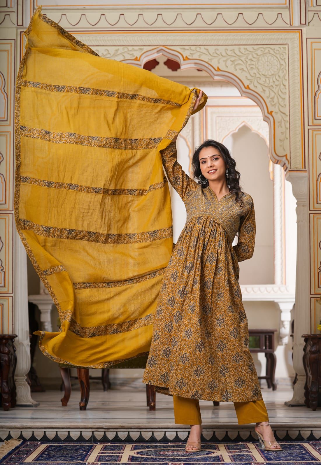 Farhat Kalamkari Alia Cut Suit set-Mustard Colour