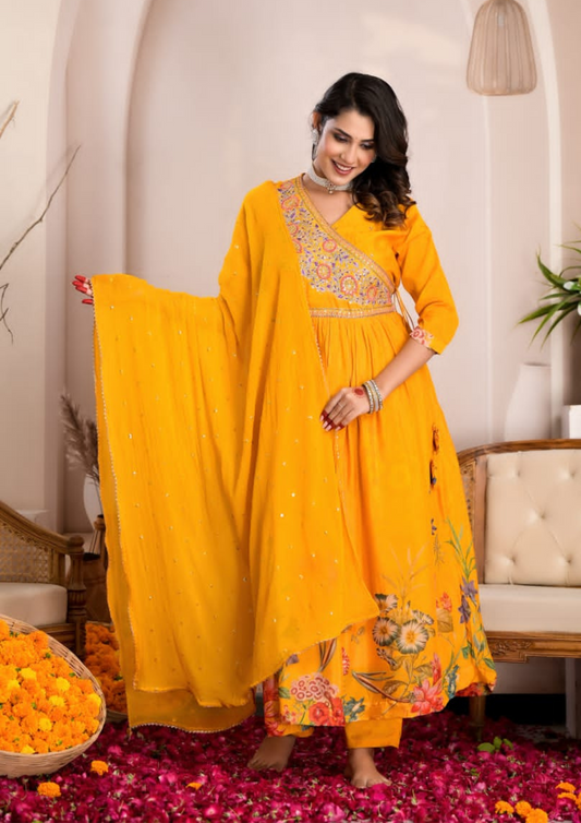 Chinnon Chiffon Yellow Colour Floral Suit Set