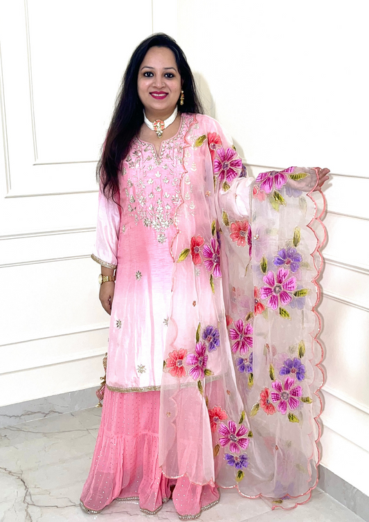 Pure Dola Silk Ombre Dyed Hand Embroidered Sharara Suit in Pink Colour.