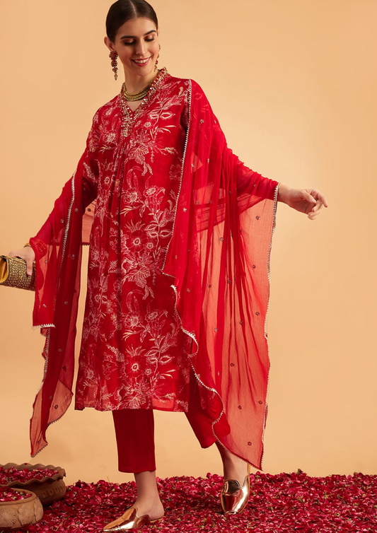 Straight Red Chinnon Chiffon Floral Suit Set