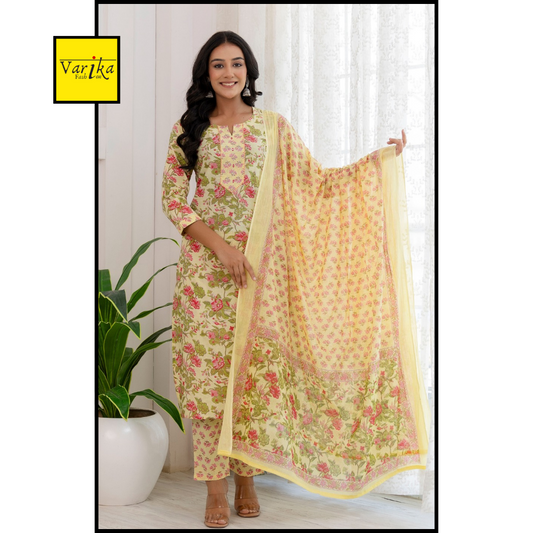 Sober Yellow Jaipuri Print Suit Set-Yellow Colour