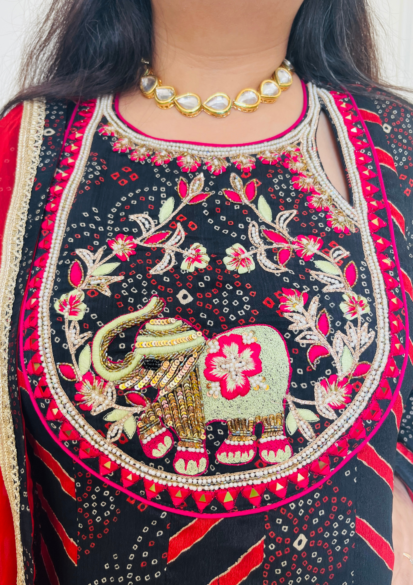 Bandhani and Leheriya Print Black Red Colour Crepe Anarkali with Chiffon Dupatta