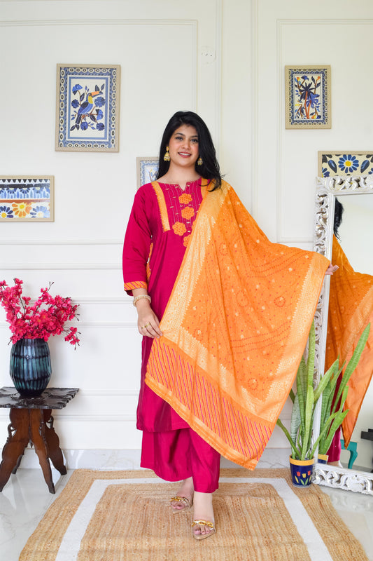 Roman Silk Bandhani Dupatta Suit Set- Pink