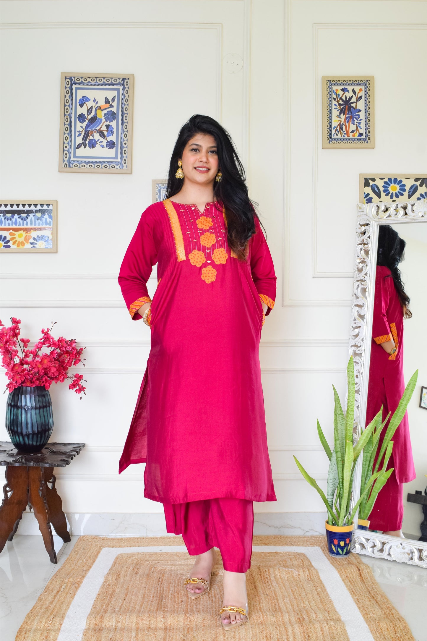 Roman Silk Bandhani Dupatta Suit Set- Pink