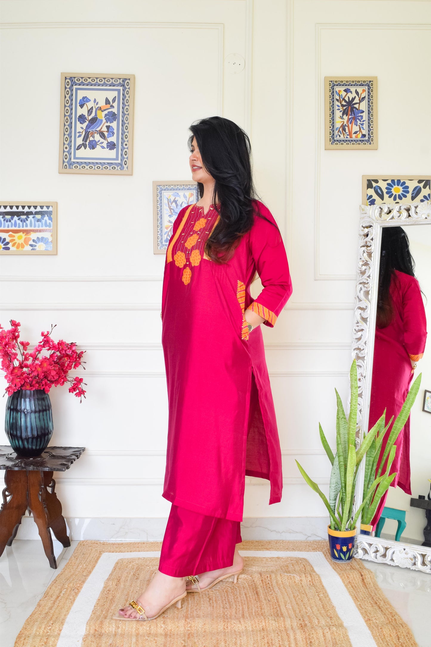 Roman Silk Bandhani Dupatta Suit Set- Pink