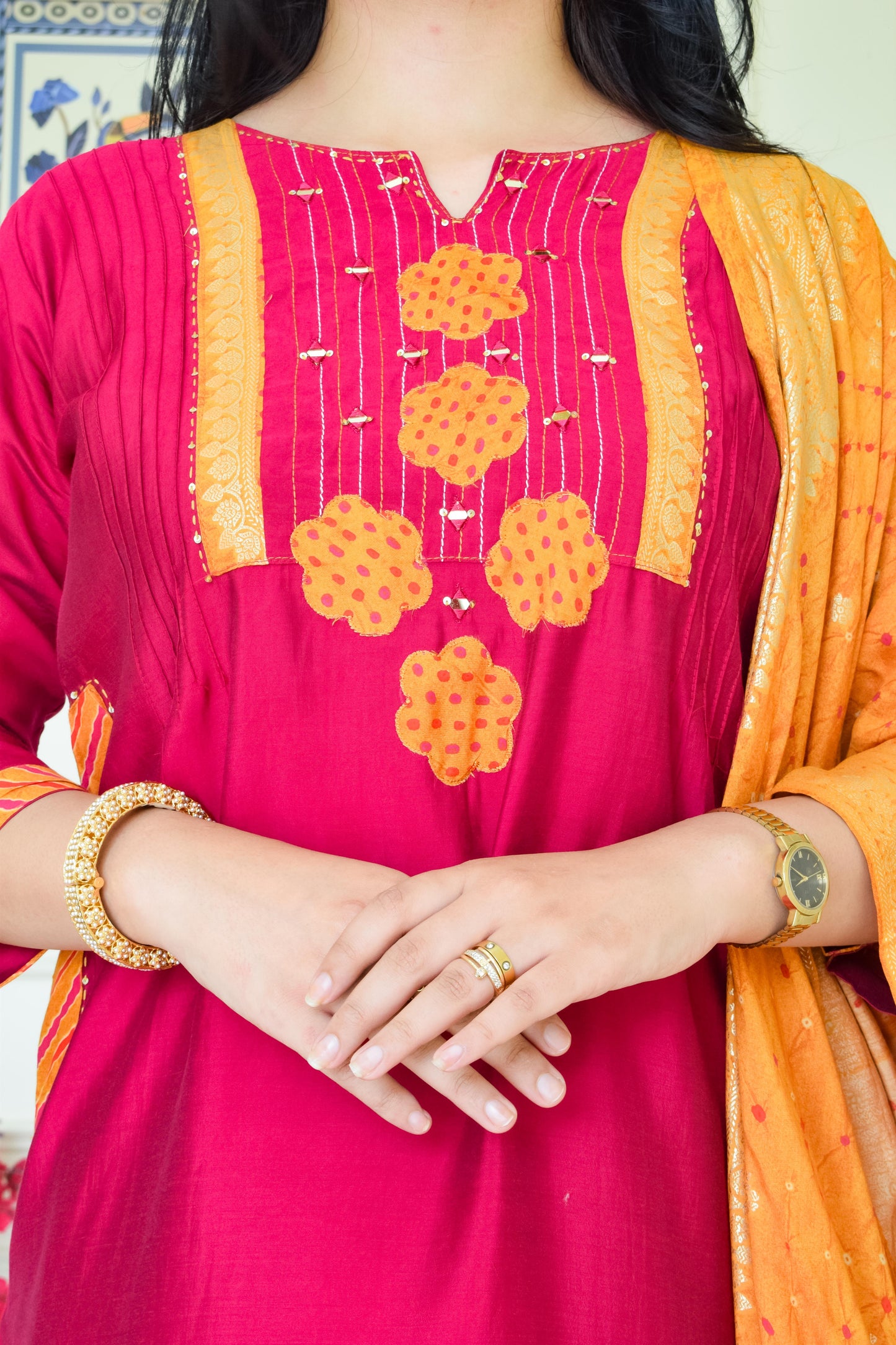 Roman Silk Bandhani Dupatta Suit Set- Pink