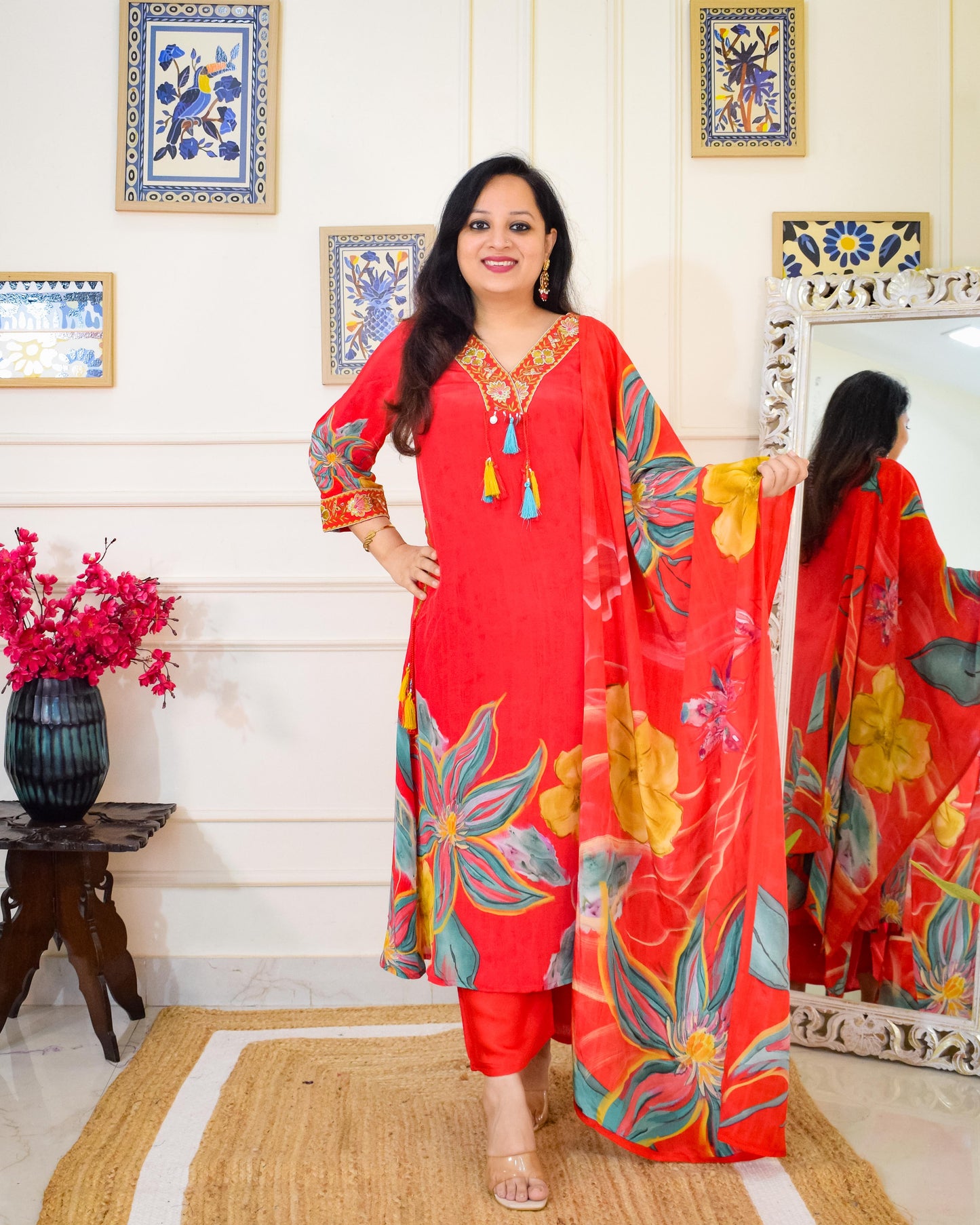 Aline Pure Crepe Suit Set- Red
