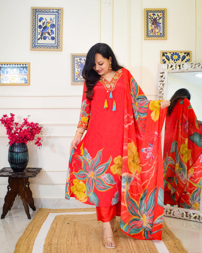 Aline Pure Crepe Suit Set- Red