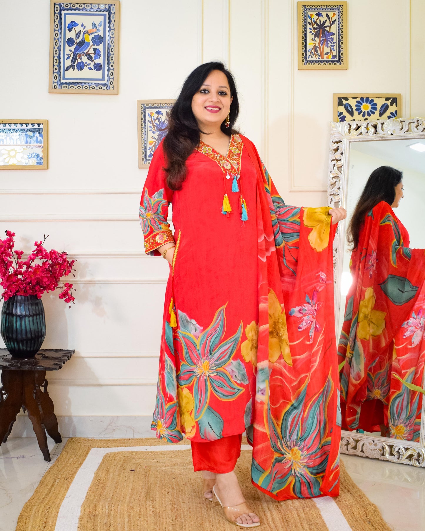 Aline Pure Crepe Suit Set- Red